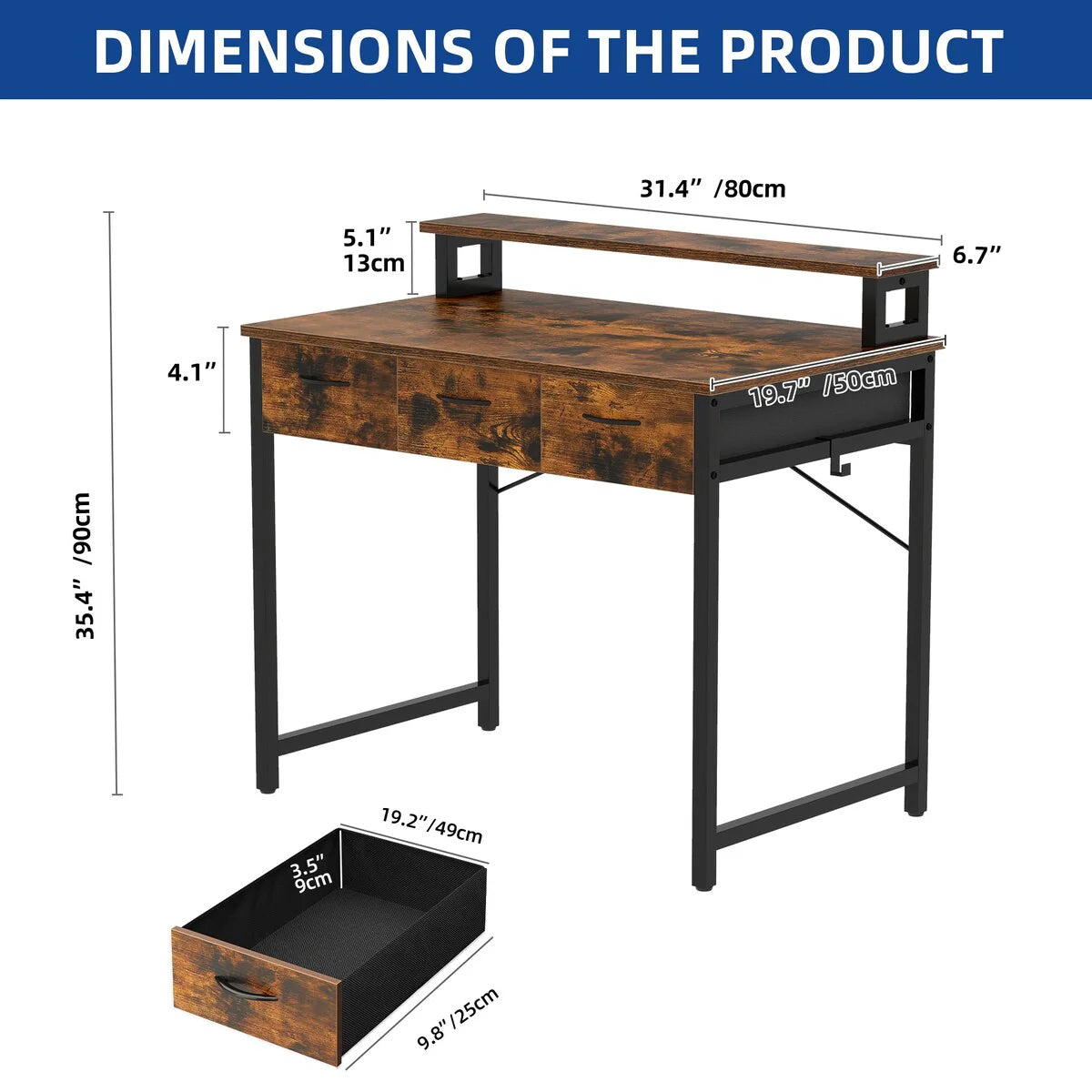 Computer Desk With 3 Fabric Drawers And Monitor Stand