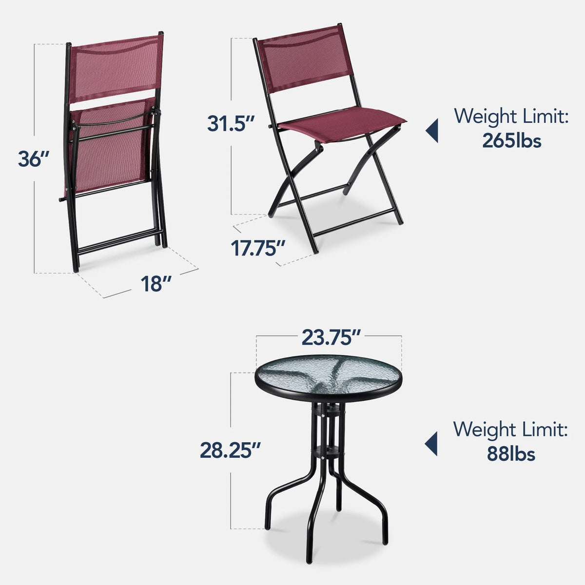 Best Choice Products 3-Piece Patio Bistro Dining Set With Glass Tabletop And Folding Chairs - Gray