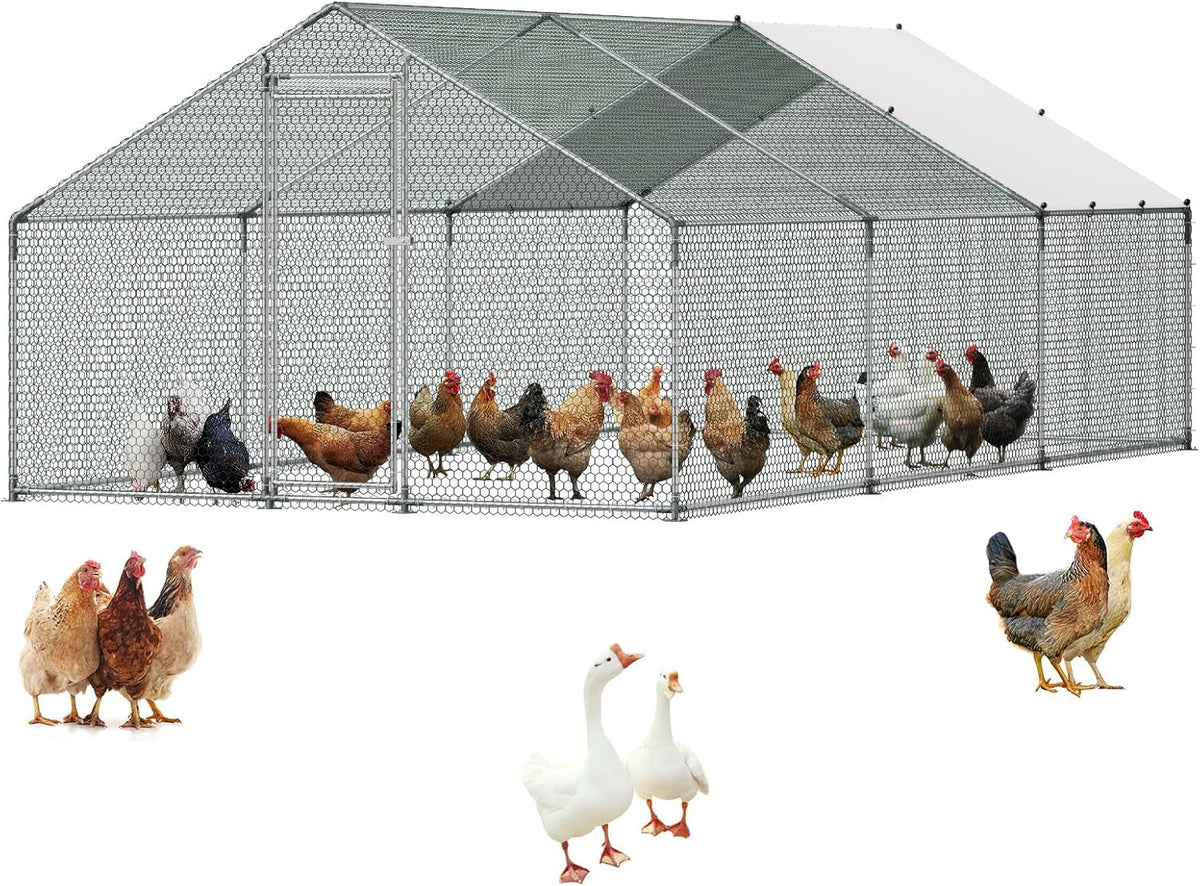 VEVOR Walk-In Metal Chicken Coop With Cover, 19.7 x 9.8 x 6.5 ft, Spire Roof And Security Lock