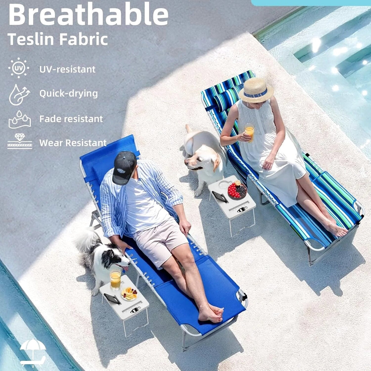 Yestomo 3-In-1 Outdoor Tanning Lounge Chair, 5-Position Recliner, 330lbs, Blue