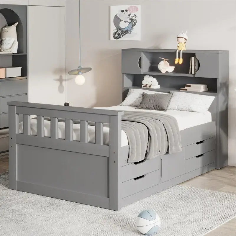 Twin/Full Captain Platform Bed With 4 Drawers And Storage Bookcase Headboard