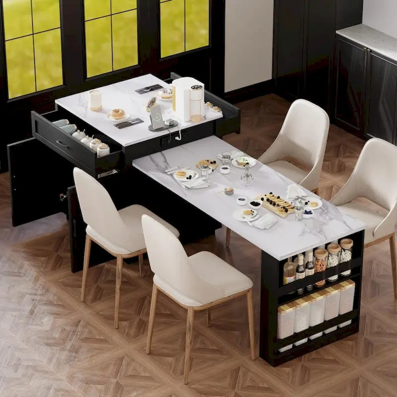 82.7 Wooden Kitchen Island With Extendable Dining Table And Double-Sized Storage