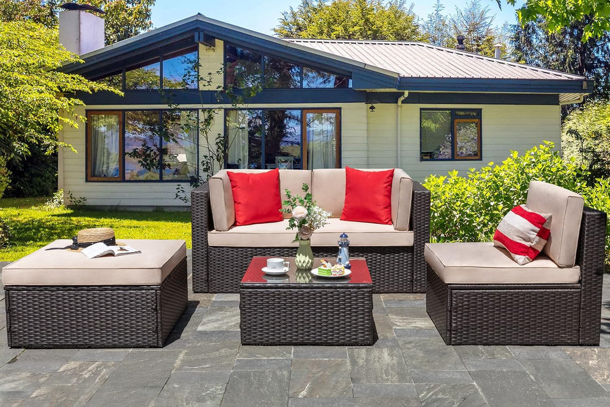 5-Piece All-Weather Wicker Patio Conversation Set With Ottoman And Cushions