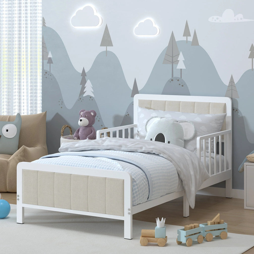 Yoneston Toddler Metal Platform Bed Frame With Guardrails And Upholstered Headboard - White