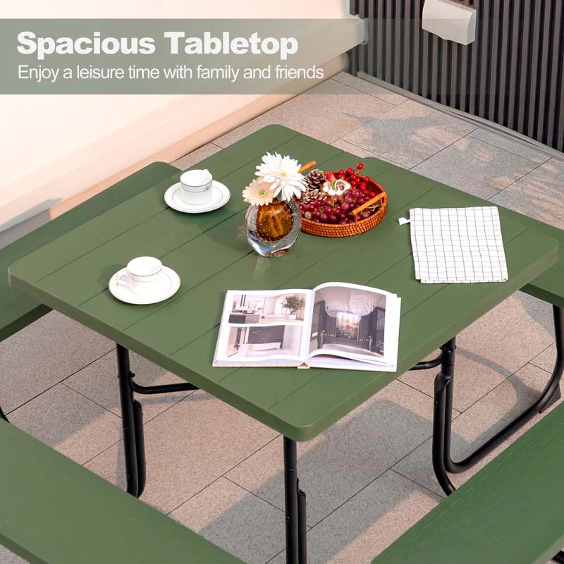 8-Person Outdoor HDPE Square Picnic Table And Bench Set, 67in x 67in x 30in, Metal Frame