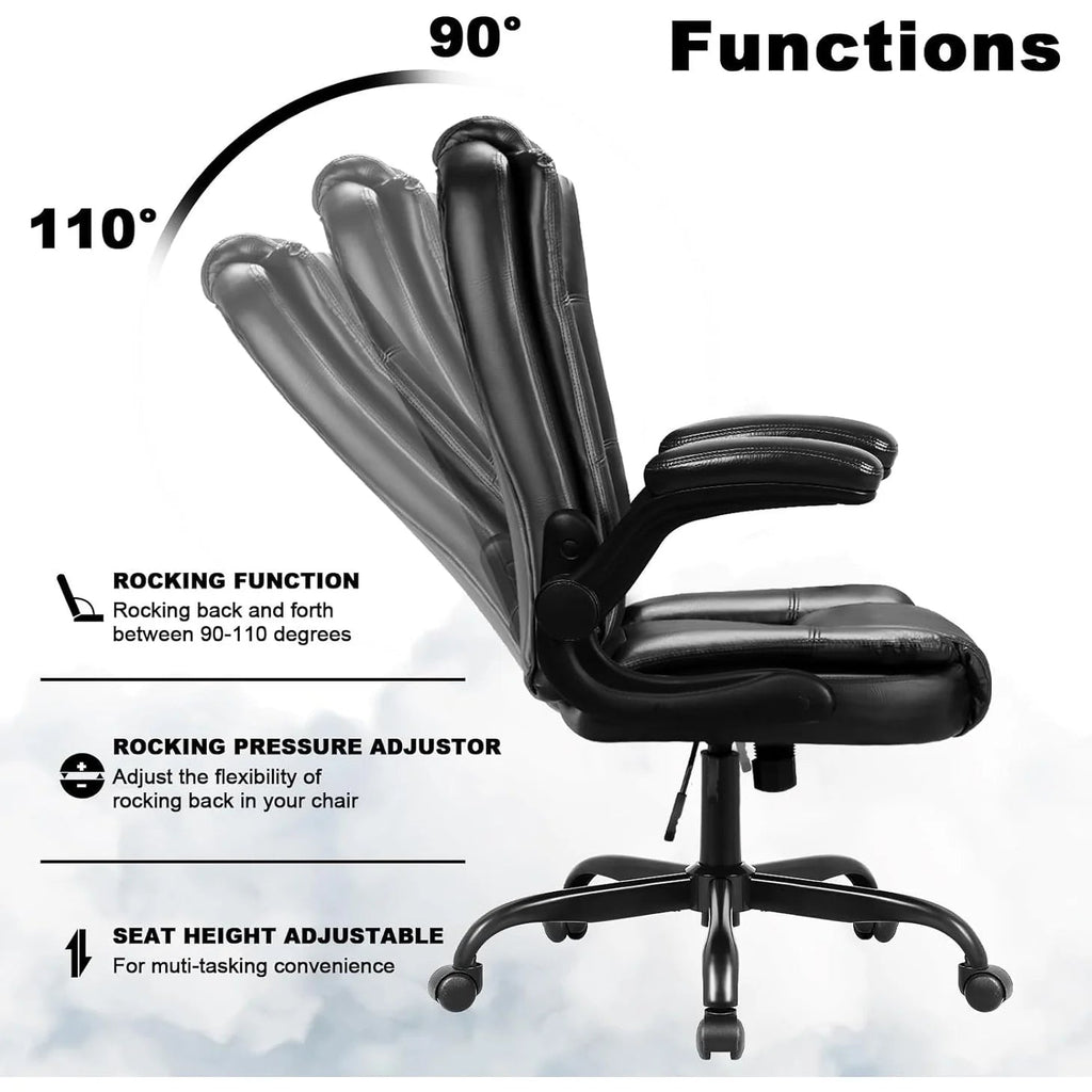 Big And Tall Ergonomic Office Chair, High Back Leather Executive Computer Chair With Padded Flip-Up Arms - 20.87in D x 27.3in W x 47.24in H