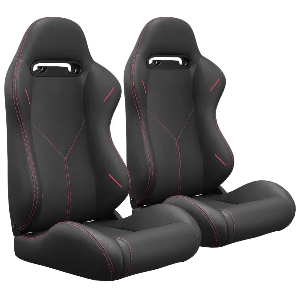 2PC Universal Reclinable Bucket Racing Seats With Adjustor Slider - Red PVC Leather