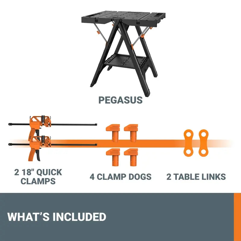 Worx Pegasus 2-in-1 Folding Work Table And Sawhorse With Clamps, 300-1000 lbs Capacity