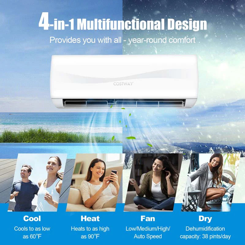 9000 BTU 17 SEER2 Ductless Mini Split Air Conditioner And Heater, 208-230V - White