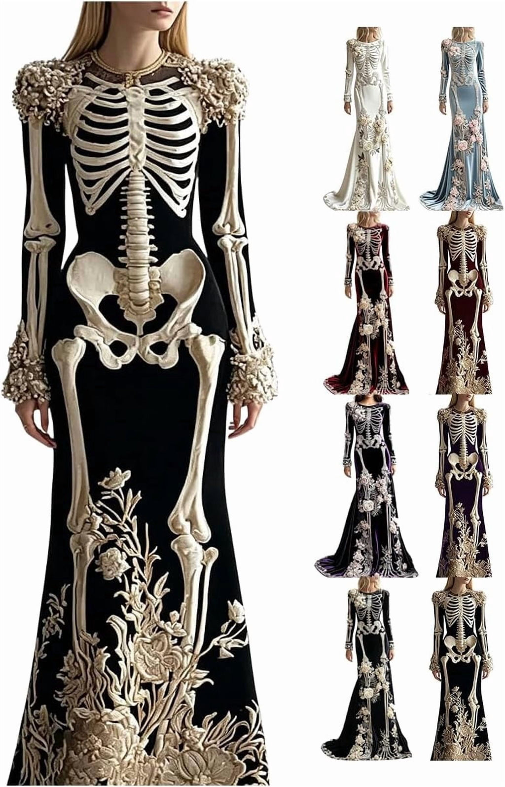 Women Skeleton Dress 3D Print Velvet Floral Long Sleeve Halloween Costumes, Skeleton Costume for Women Cosplay Party
