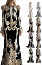 Women Skeleton Dress 3D Print Velvet Floral Long Sleeve Halloween Costumes, Skeleton Costume for Women Cosplay Party
