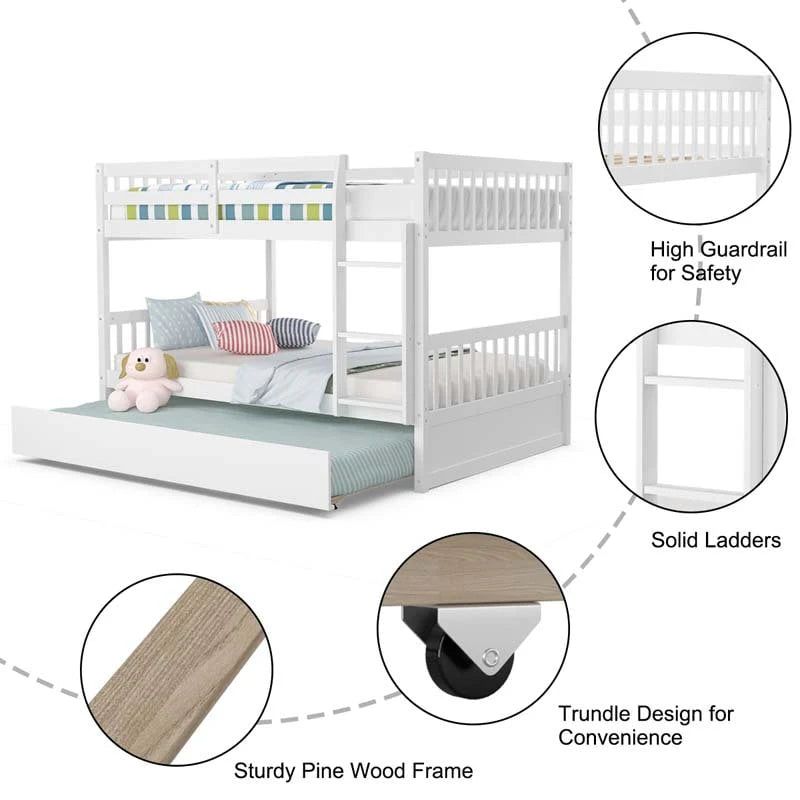 Full Over Full Convertible Bunk Bed Frame With Trundle, Ladder And Guardrails