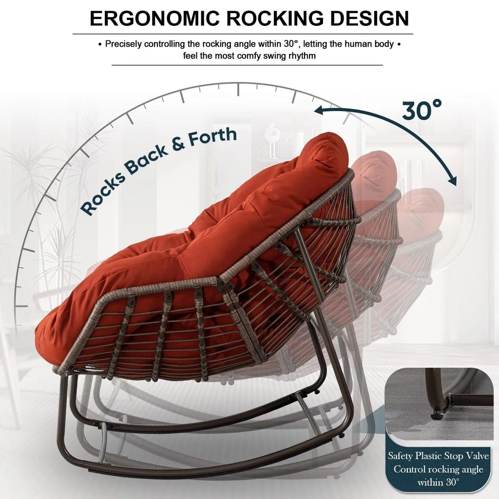 Outdoor Papasan Rocking Chair With Thick Cushion, Grey - 43.70in D x 37.20in W x 31.50in H