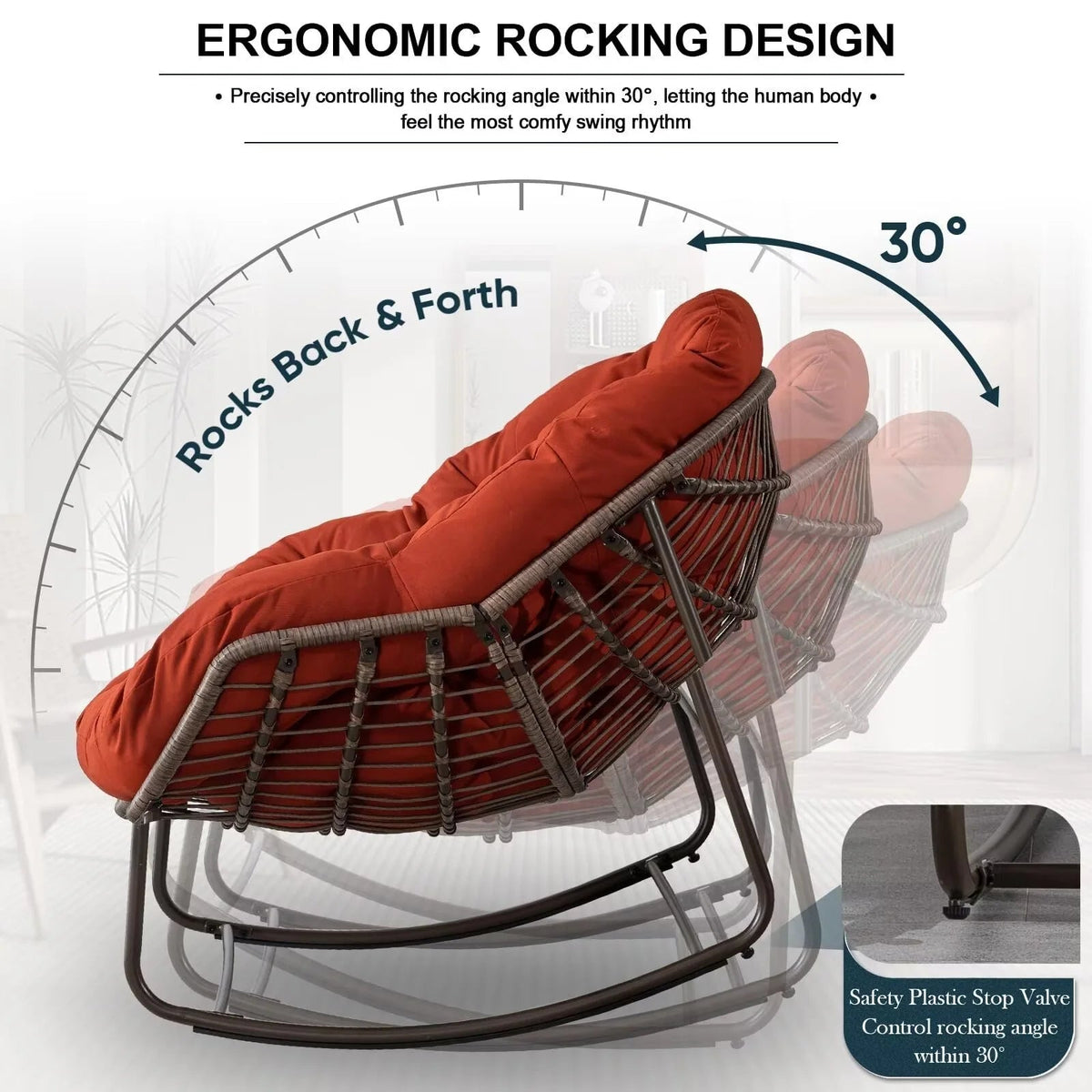 Outdoor Papasan Rocking Chair With Thick Cushion, Grey - 43.70in D x 37.20in W x 31.50in H