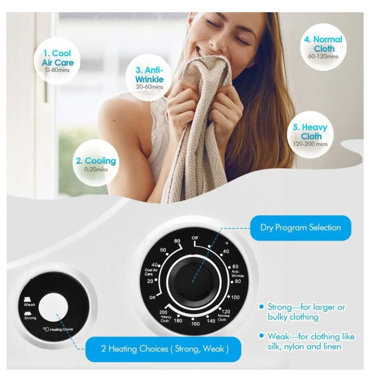 Compact Electric Tumble Dryer, 13.2lbs, White, Stainless Steel Tub, 4 Drying Modes, 2 Heat Settings