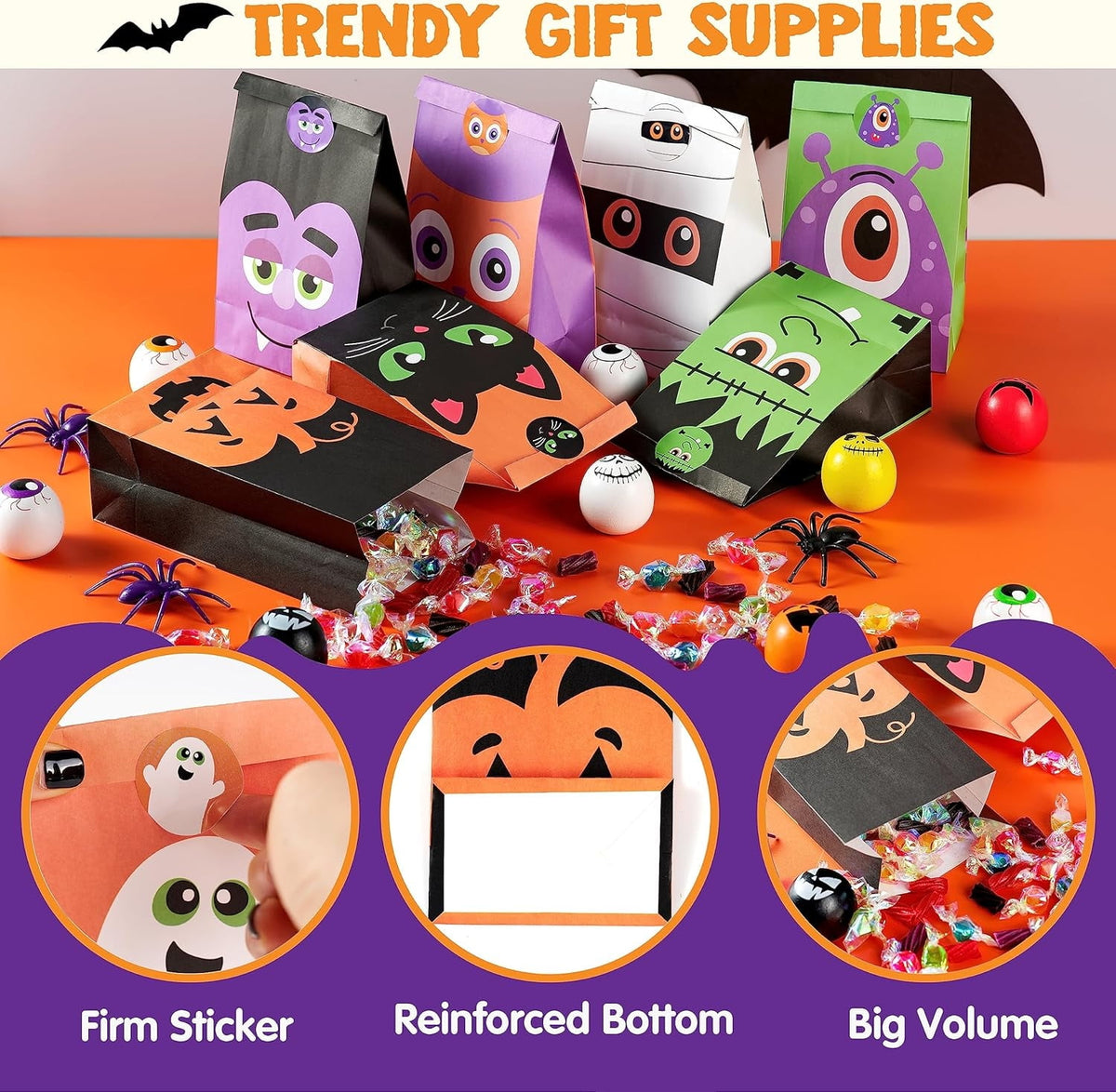 Joyfy 60 PCS Halloween Treat Bags with Stickers, Halloween Trick or Treat Bags for Kids Halloween Party Favors Exchange, Goodie and Candy Bags for Holiday Party Supplies