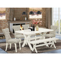HomeStock 6-Piece Kitchen Dinette Set With Doeskin Linen Fabric Chairs, Bench And Linen White Table - Rustic Recluse