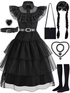 Girls Halloween Costume Fancy Dress with Wig Black for Kids Carnival Party 7-8 Years
