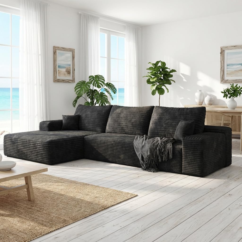 Oversized 135in 3-Piece Corduroy Upholstered Sectional Sofa With Deep Seat - Full Foam