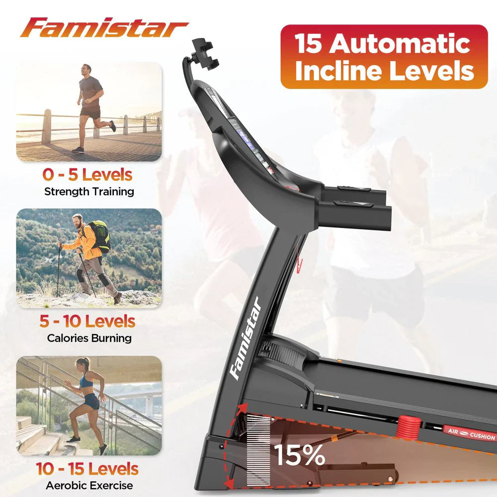 Famistar Foldable Treadmill, 4.5HP, 15 Auto Incline Levels, 10 MPH, 300 lbs Capacity