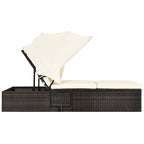 Cushioned Rattan Outdoor Chaise Lounge Chair With Folding Canopy, Flip-Up Tea Table And 5 Positions