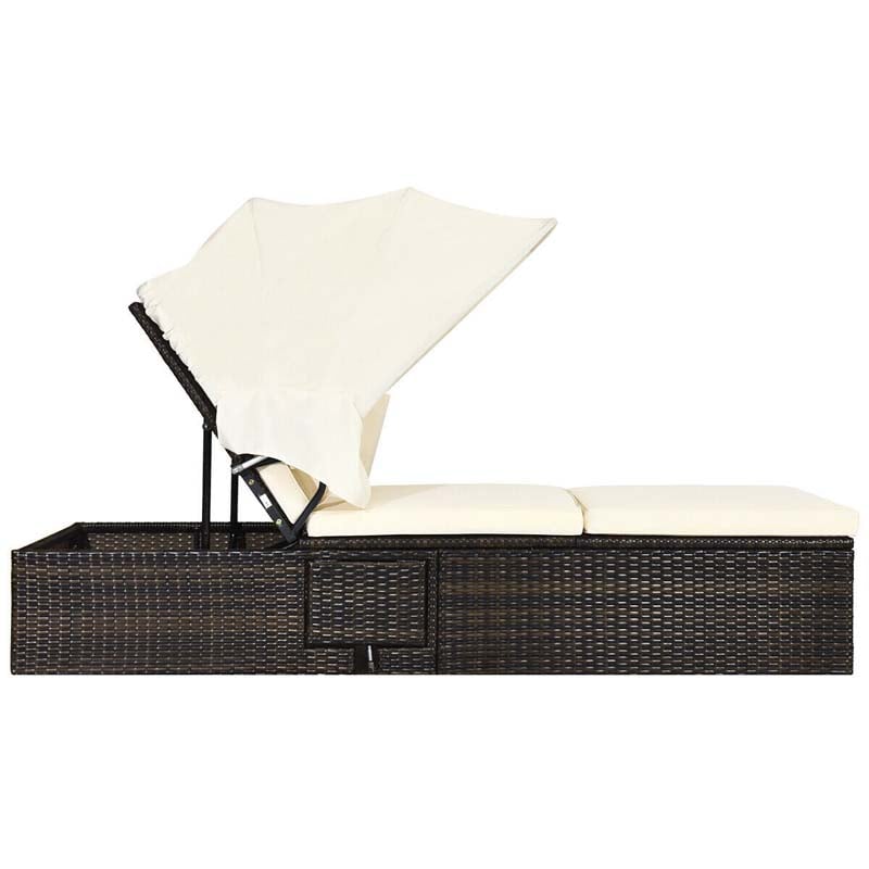 Cushioned Rattan Outdoor Chaise Lounge Chair With Folding Canopy, Flip-Up Tea Table And 5 Positions