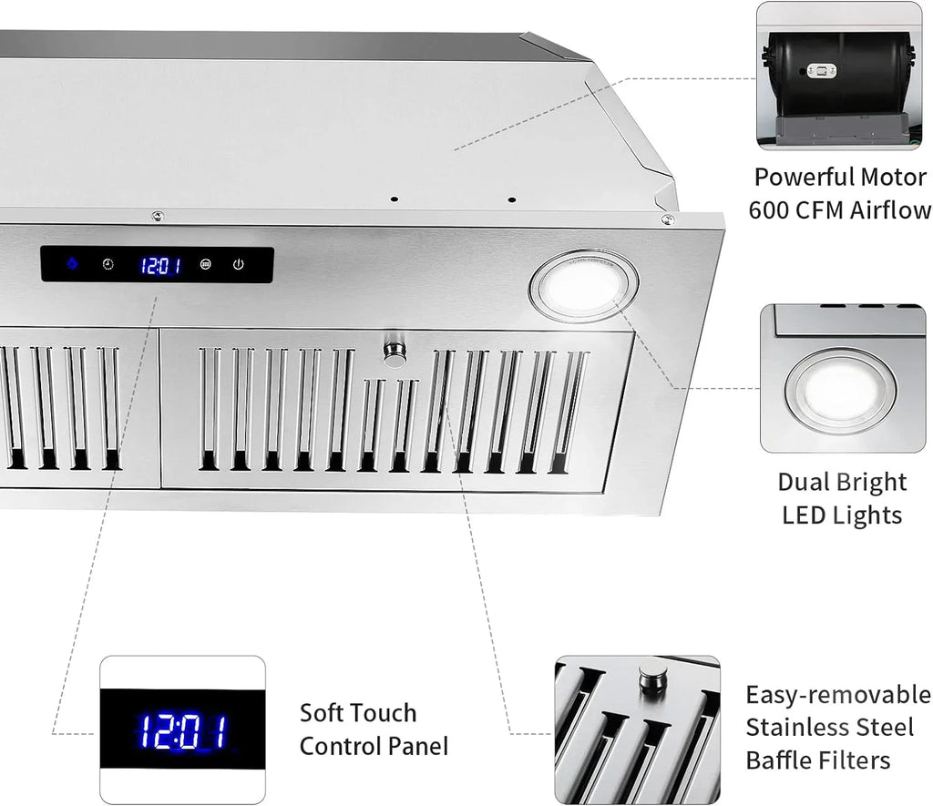 Zomagas 30 Inch 600 CFM Stainless Steel Range Hood Insert With LED Lights - USGB1370TCWM