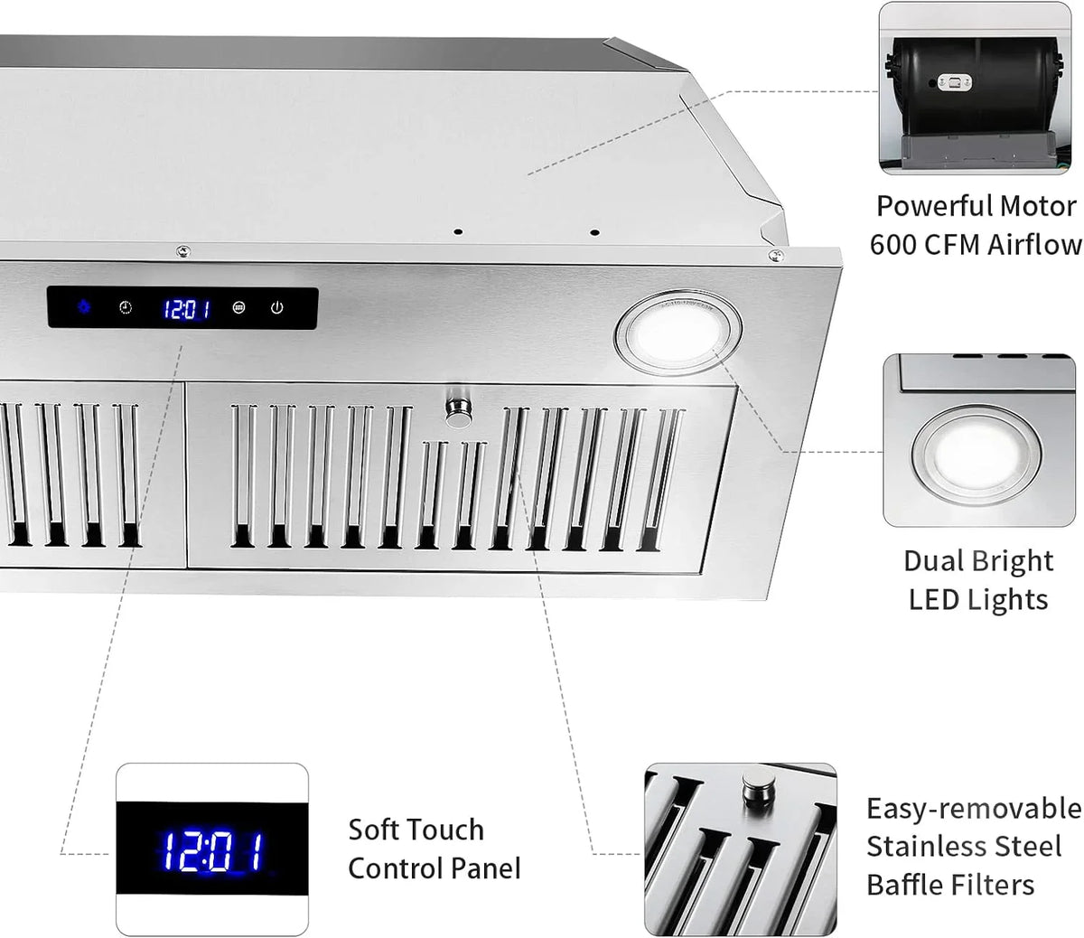 Zomagas 30 Inch 600 CFM Stainless Steel Range Hood Insert With LED Lights - USGB1370TCWM
