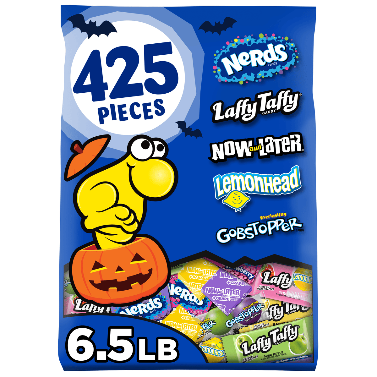 Nerds Classic Fun Halloween Trick-or-Treat Variety Bag, Laffy Taffy, Now and Later, Lemonhead, Gobstopper, and NERDS Original, 425 Pieces, 104.6 Ounces