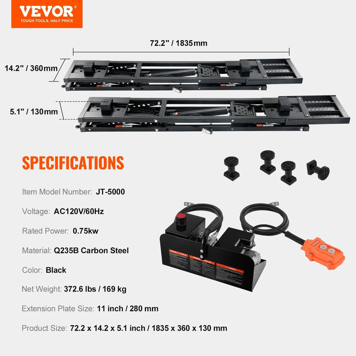 Portable Car Lift System 5000 LBS Carbon Steel Black - 9.06 inch-25.6 inch