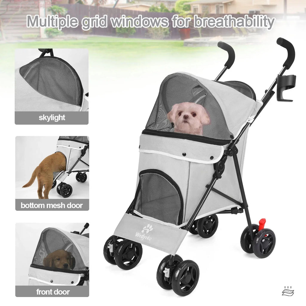4-Wheel Foldable Cat And Dog Stroller With Storage Basket And 360 Degree Front Wheels - Gray