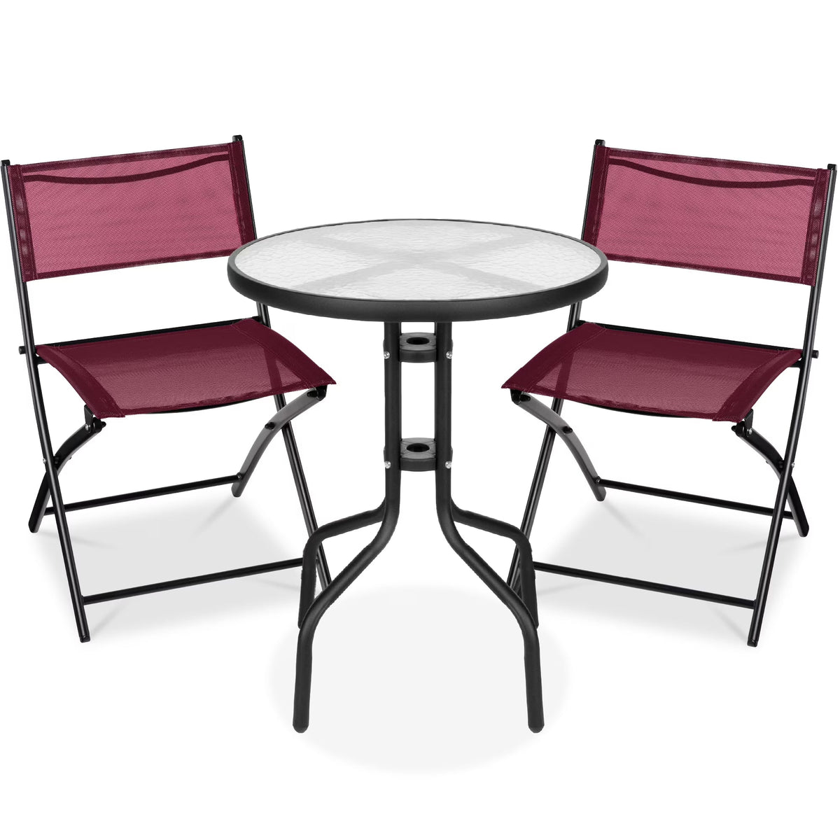 Best Choice Products 3-Piece Patio Bistro Dining Set With Glass Tabletop And Folding Chairs - Gray