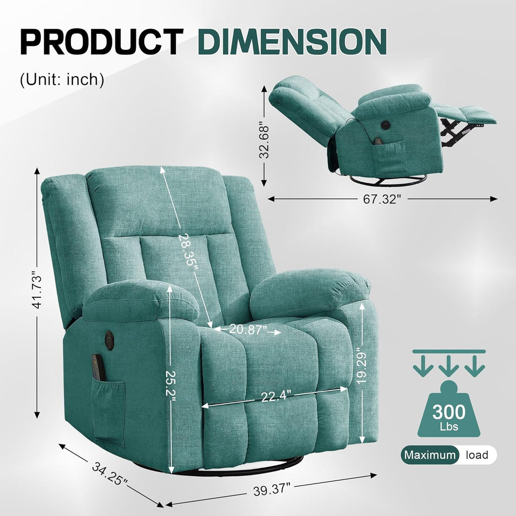 Korser Swivel Rocker Recliner Chair With Massage, Heating, USB Charging And Storage