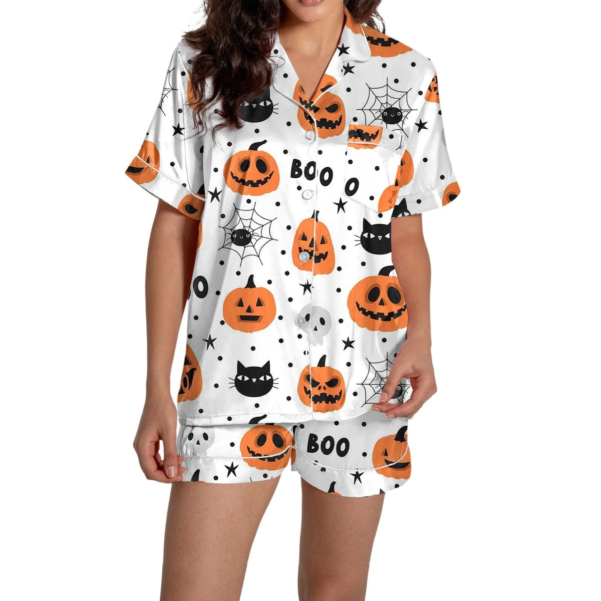 ChenYiFH Halloween Pajama Sets For Women 2 Piece Pumpkin Print Shirts And Pajamas Shorts Button Down Short Sleeve Sleepwear Black S