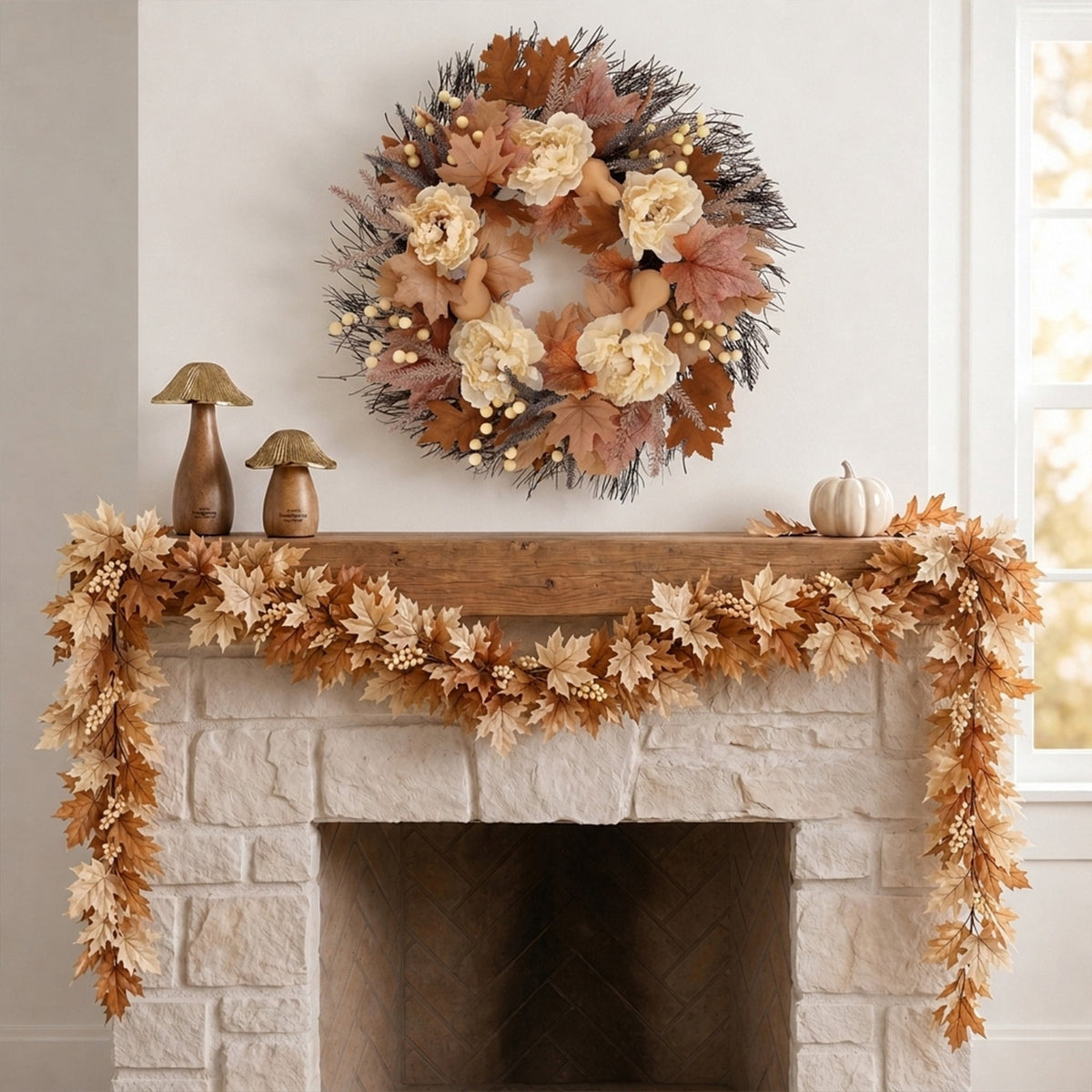 Maple Leaves and Peony Wreath, Cream and Brown, 22", Fall by Way To Celebrate