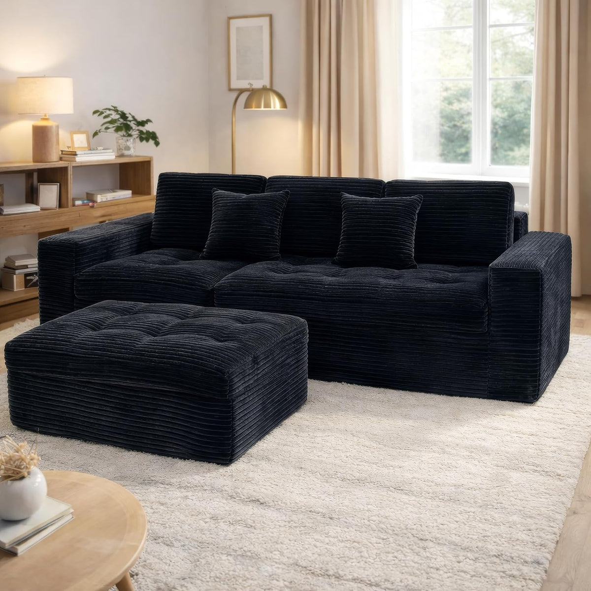 Oversized 135in 3-Piece Corduroy Upholstered Sectional Sofa With Deep Seat - Full Foam