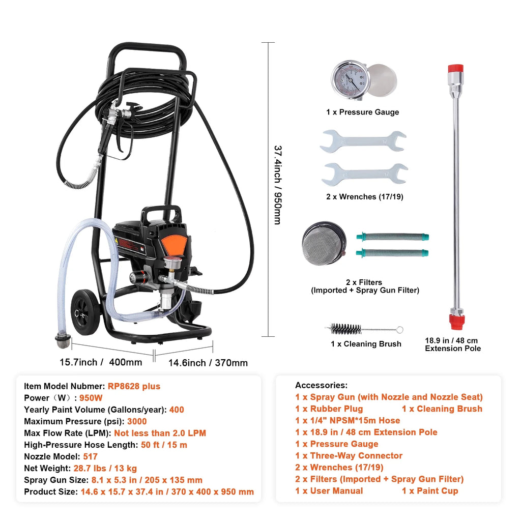 KFFKFF Stand Airless Paint Sprayer 950W 3000PSI With Cart - RP8628 plus