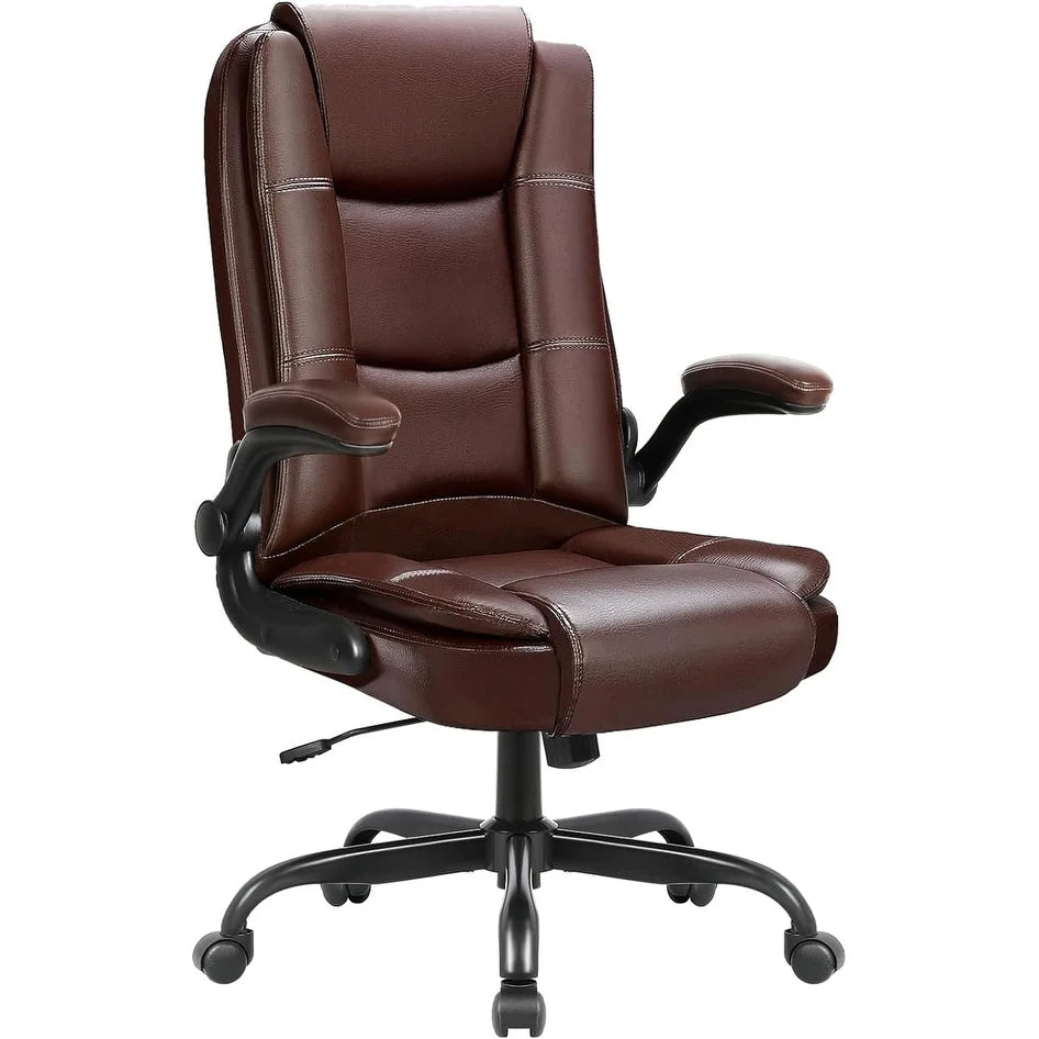 Big And Tall Ergonomic Office Chair, High Back Leather Executive Computer Chair With Padded Flip-Up Arms - 20.87in D x 27.3in W x 47.24in H