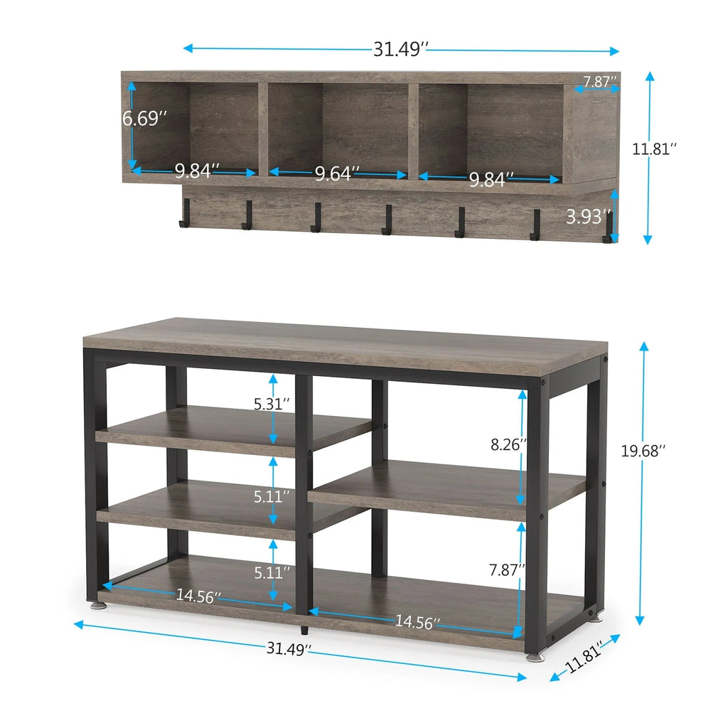 5-in-1 Entryway Hall Tree With Coat Rack, Shoe Bench, 7 Hooks, 3 Cubbies And 3-Tier Shoe Rack