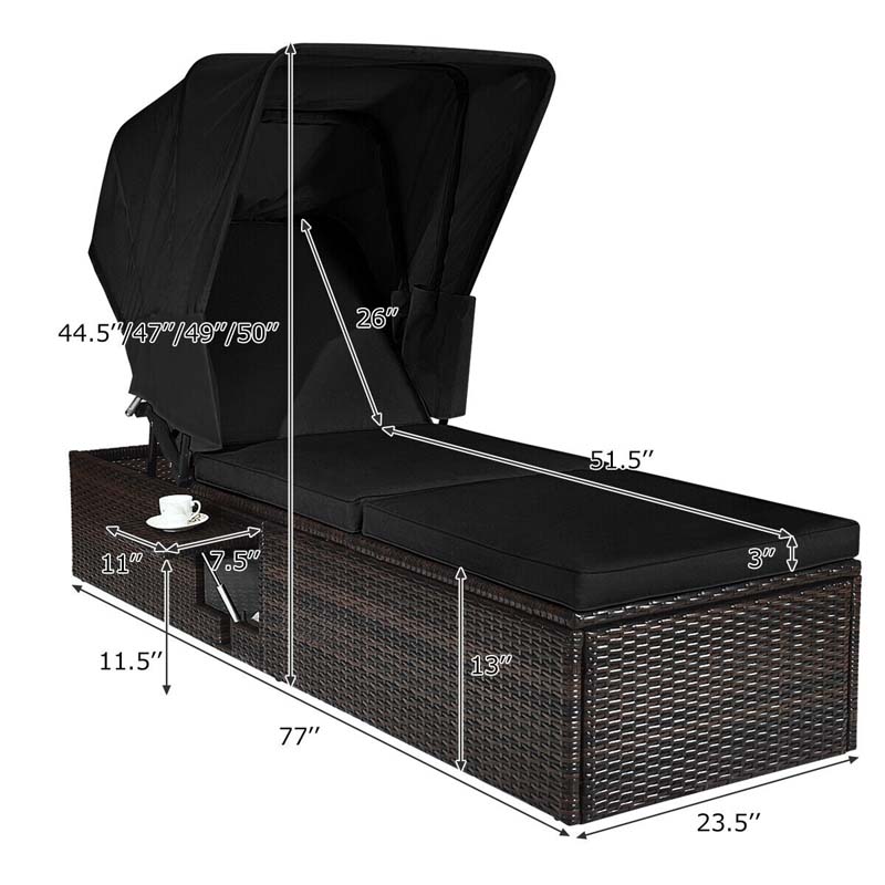 Cushioned Rattan Outdoor Chaise Lounge Chair With Folding Canopy, Flip-Up Tea Table And 5 Positions
