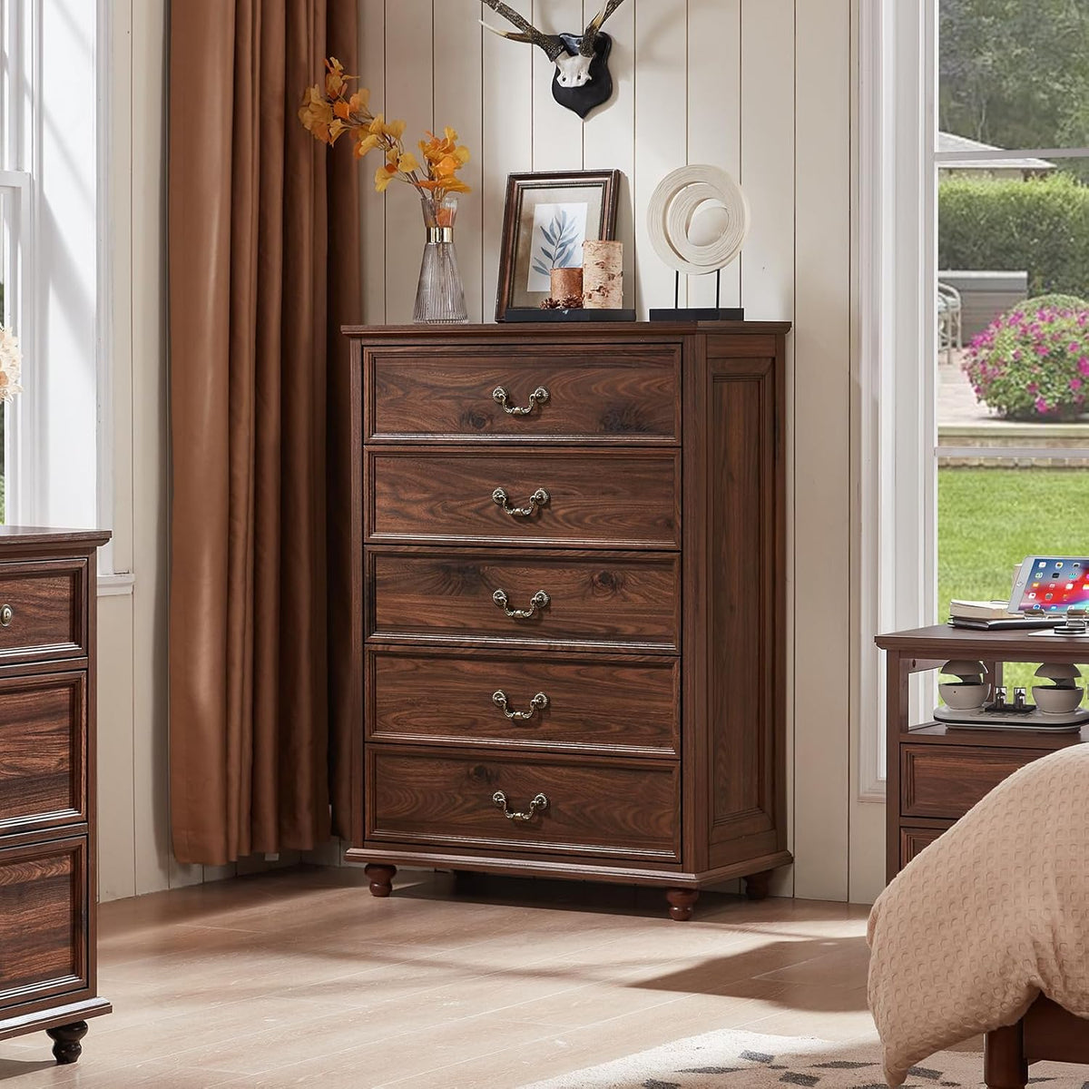 Joaxswe Farmhouse 5 Drawer Dresser, 31.5in W x 15.74in D x 44.9in H, Brown