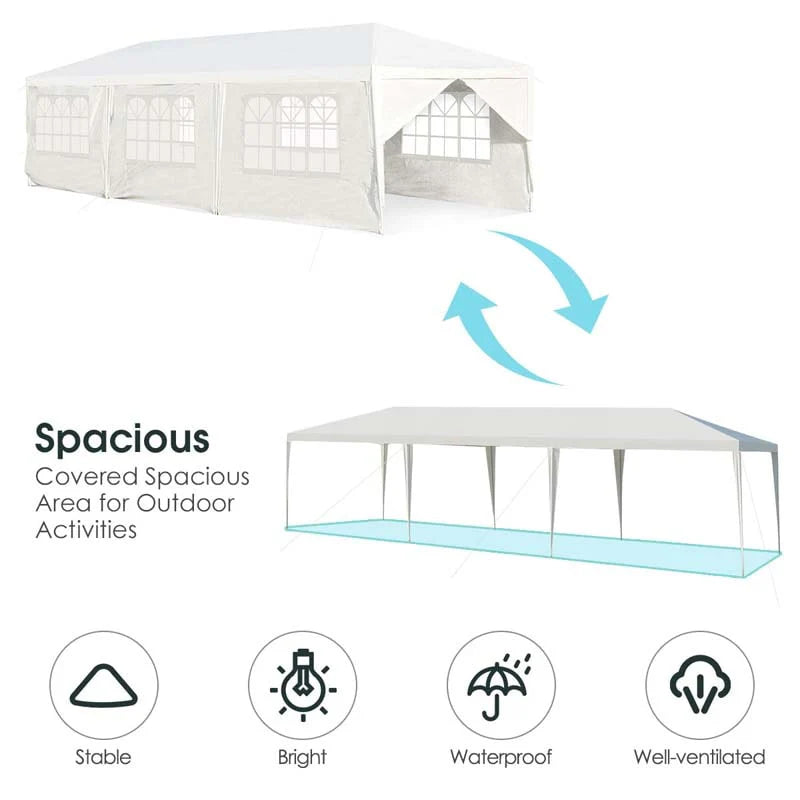 Outdoor Party Wedding Event Canopy Tent, 10 ft x 30 ft, White, 6 Removable Sidewalls, 2 Doorways