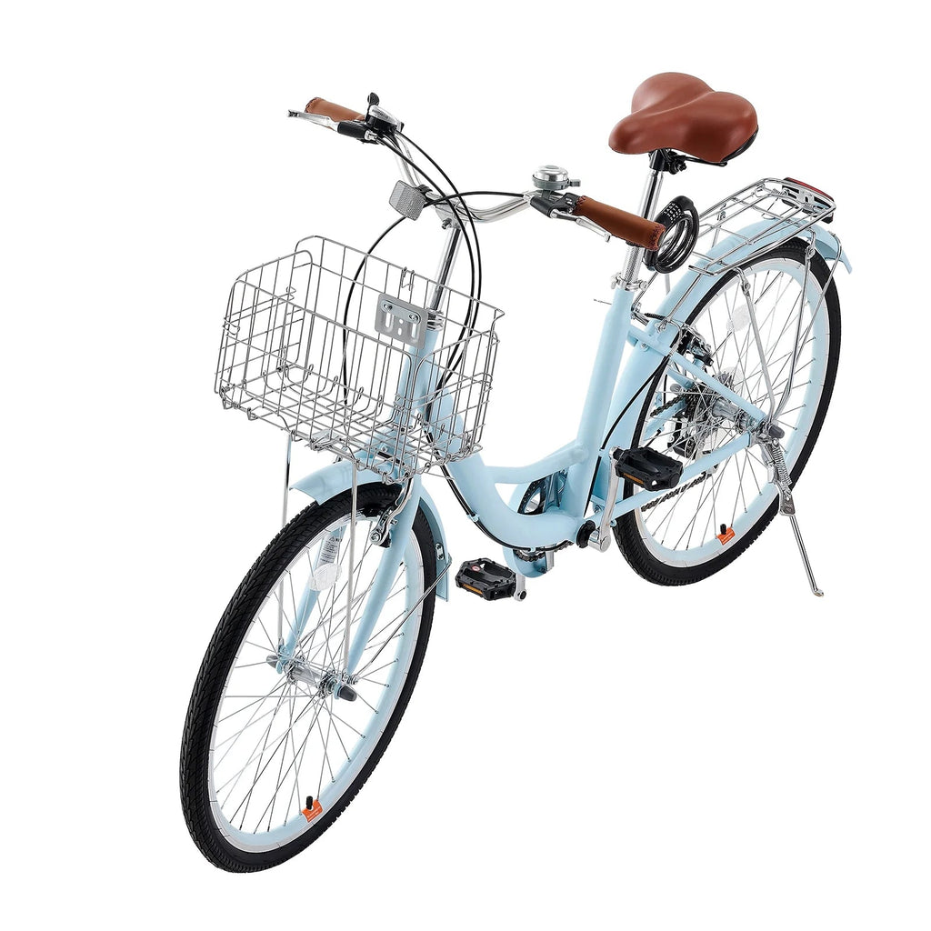 KFFKFF 26 in 7-Speed Cruiser Bike, Pale Blue With Front Basket And Rear Rack - SCB722-B
