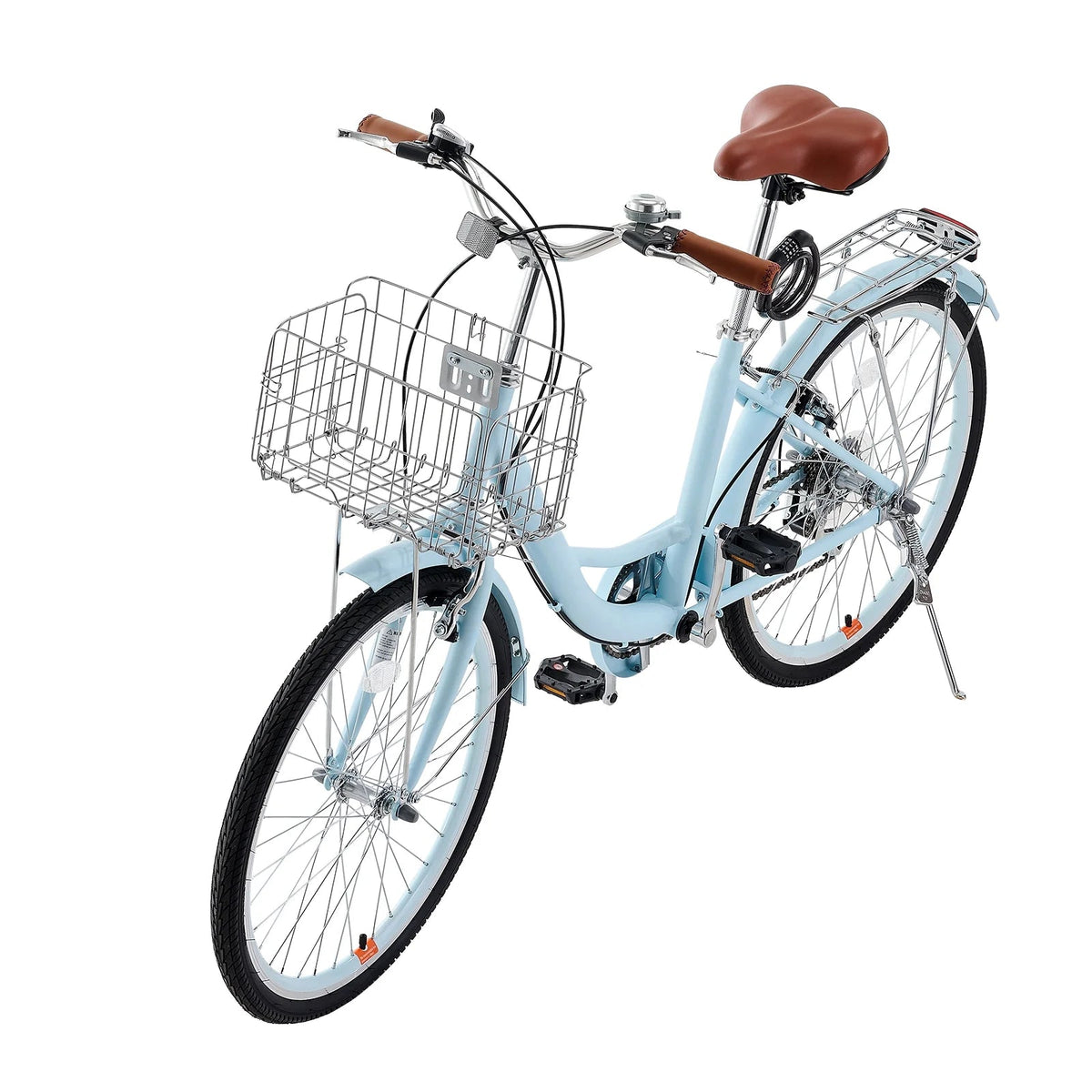 KFFKFF 26 in 7-Speed Cruiser Bike, Pale Blue With Front Basket And Rear Rack - SCB722-B