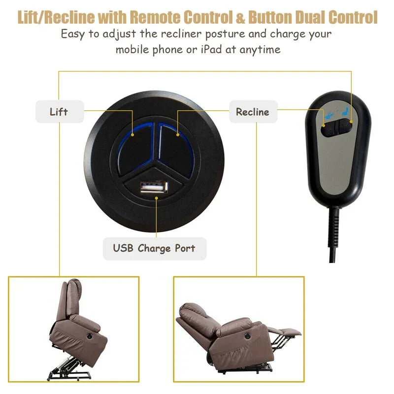 Electric Power Lift Recliner Chair With Leather Massage, Lumbar Heating, 8 Vibrating Nodes, Cup Holders And USB Port