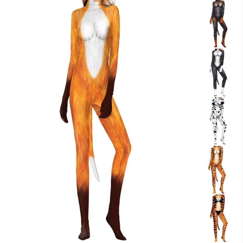 Krdevn Men 3D Animal Cosplay Bodysuit, Full‑Body Stretch Jumpsuit Costume with Tail for Halloween