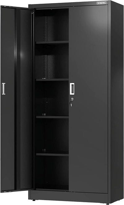 WORKPRO Metal Storage Cabinet With Locking Doors, Adjustable Shelves, Black, 71 Inches Tall - 31-1/2 x 15-3/4 Inch