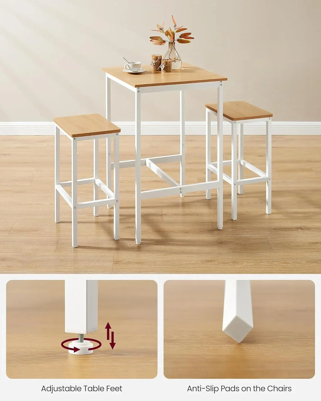 Square Bar Table And 2 Bar Stools Set, Golden Oak And Cloud White