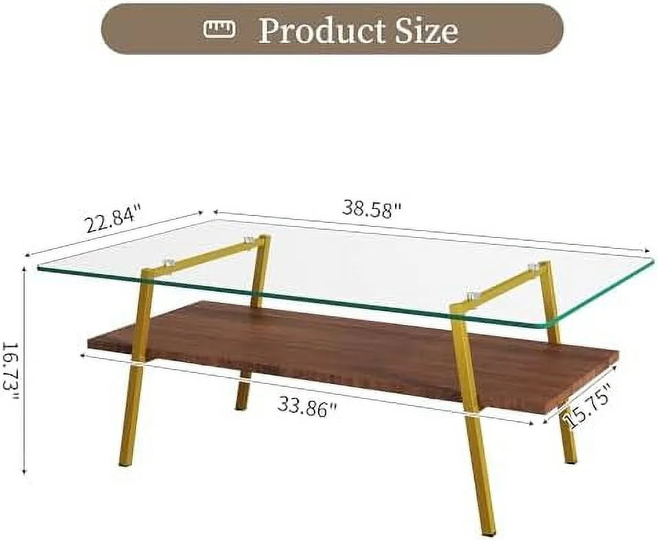 MQLIFEBOOM 2 Tier Rectangle Coffee Table With Tempered Glass Top And Wood Center Table