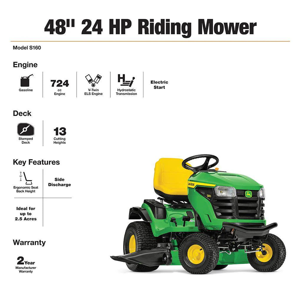 John Deere S160 48 in 24 HP V-Twin ELS Gas Hydrostatic Riding Lawn Tractor - BG21211